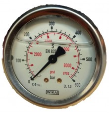 Манометр 213.53.063, 0-600 бар/МРа, 1/4NPT(сзади/осевой), нерж., кл.1.6, гидрозаполн., крепление скобой WIKA